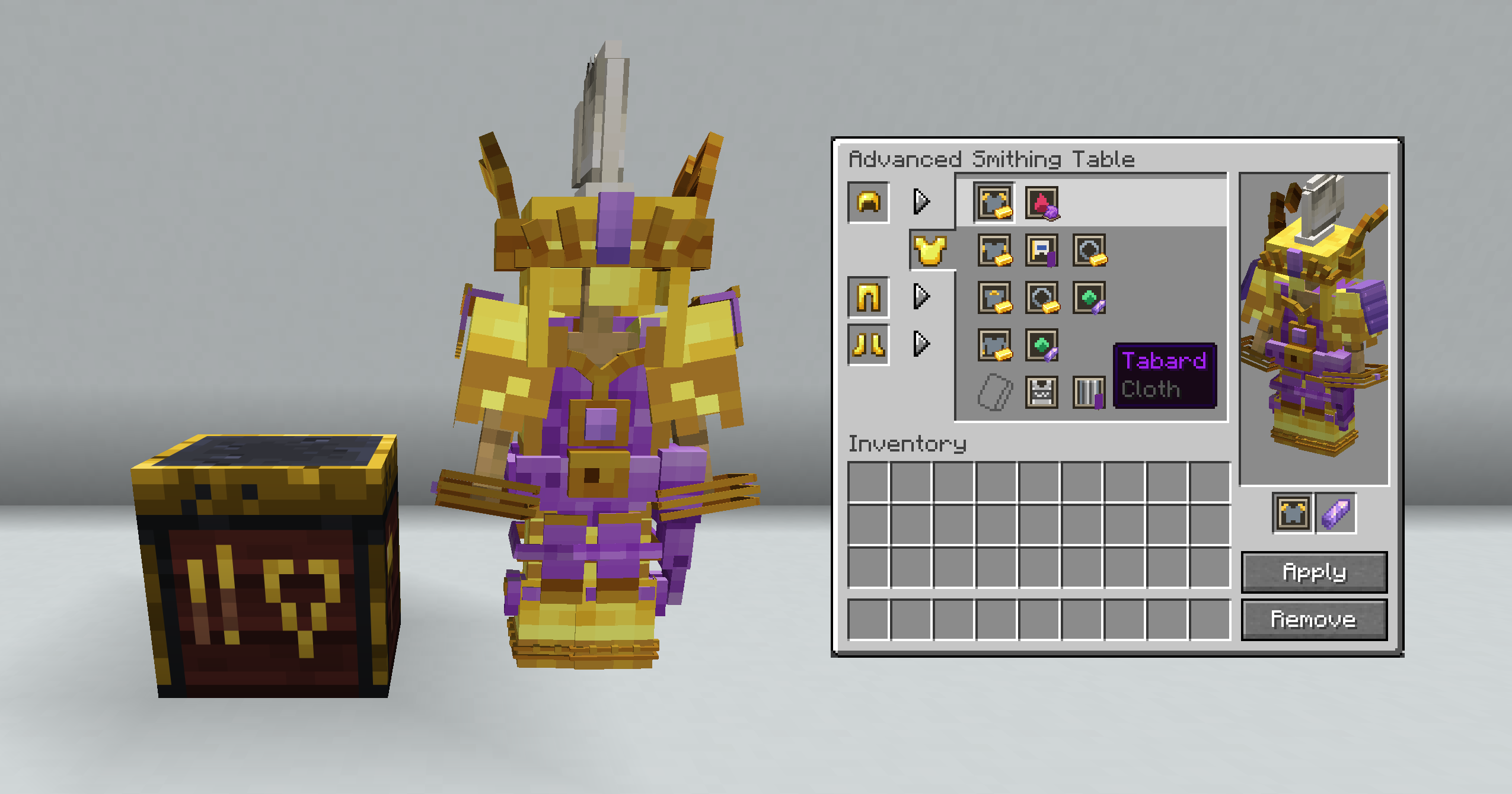 The advanced smithing table, holding the whole court suit beside it — the chestplate's sockets and their fittings as rows of icons, its own trim, skin and cloth under them, and Remove, the one way any of it comes off again